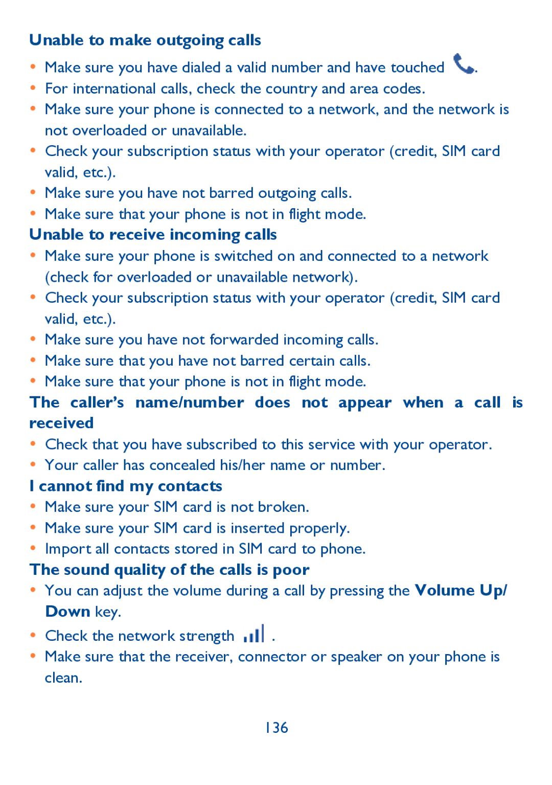 Alcatel IDOL ULTRA manual Unable to make outgoing calls, Unable to receive incoming calls, Cannot find my contacts 