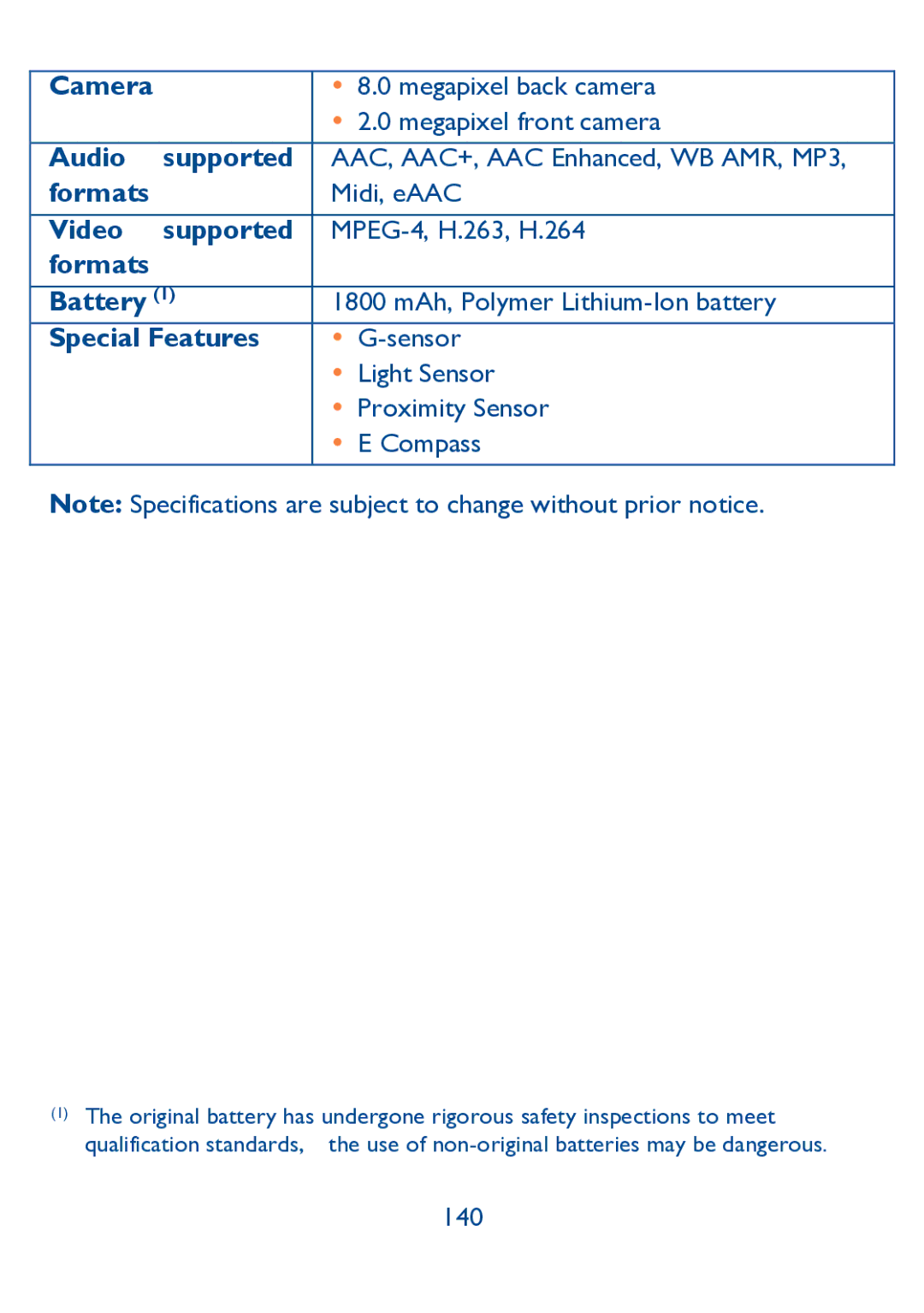 Alcatel IDOL ULTRA manual Camera, Audio Supported, Video Supported, Formats Battery, Special Features 