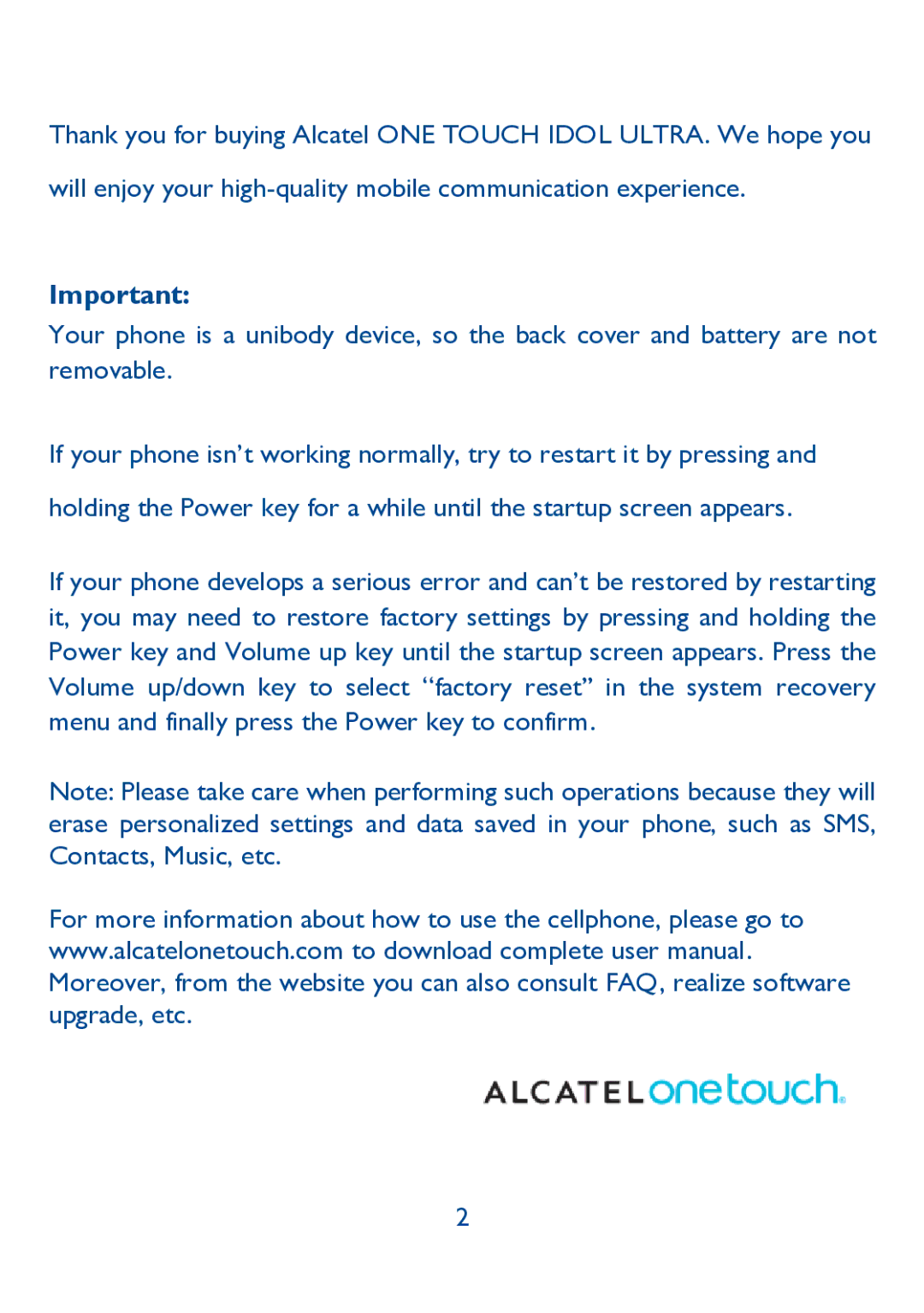 Alcatel IDOL ULTRA manual Menu and finally press the Power key to confirm 