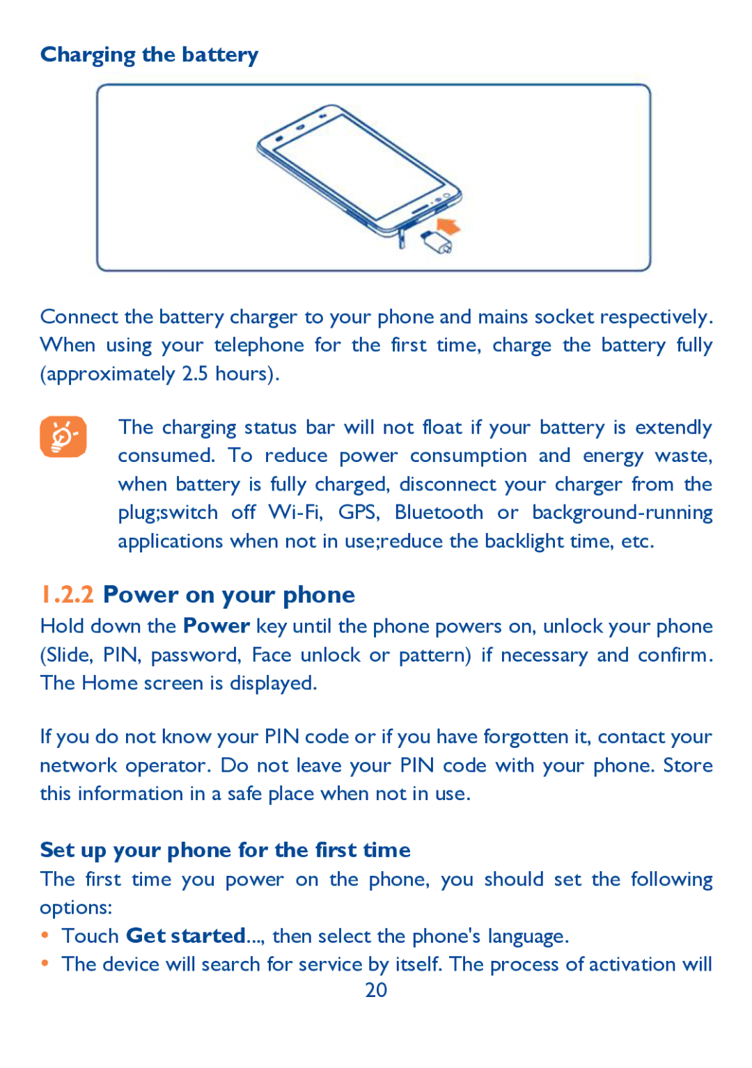 Alcatel IDOL ULTRA manual Power on your phone, Charging the battery, Set up your phone for the first time 