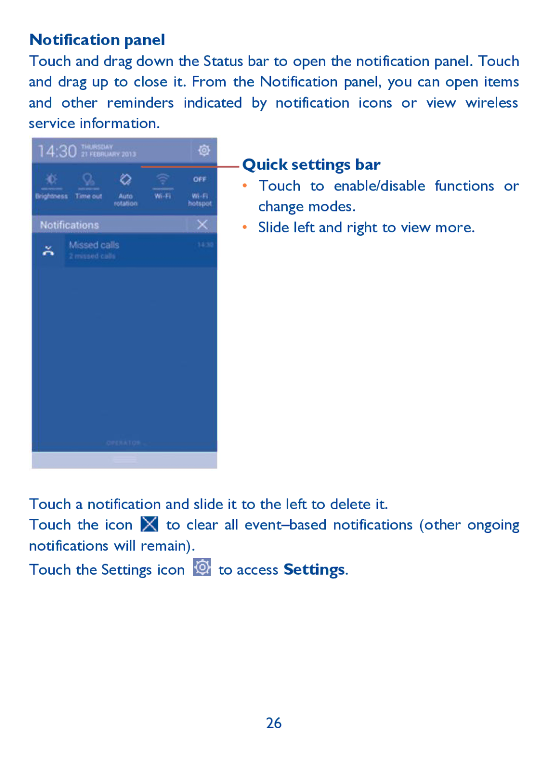 Alcatel IDOL ULTRA manual Notification panel, Quick settings bar 