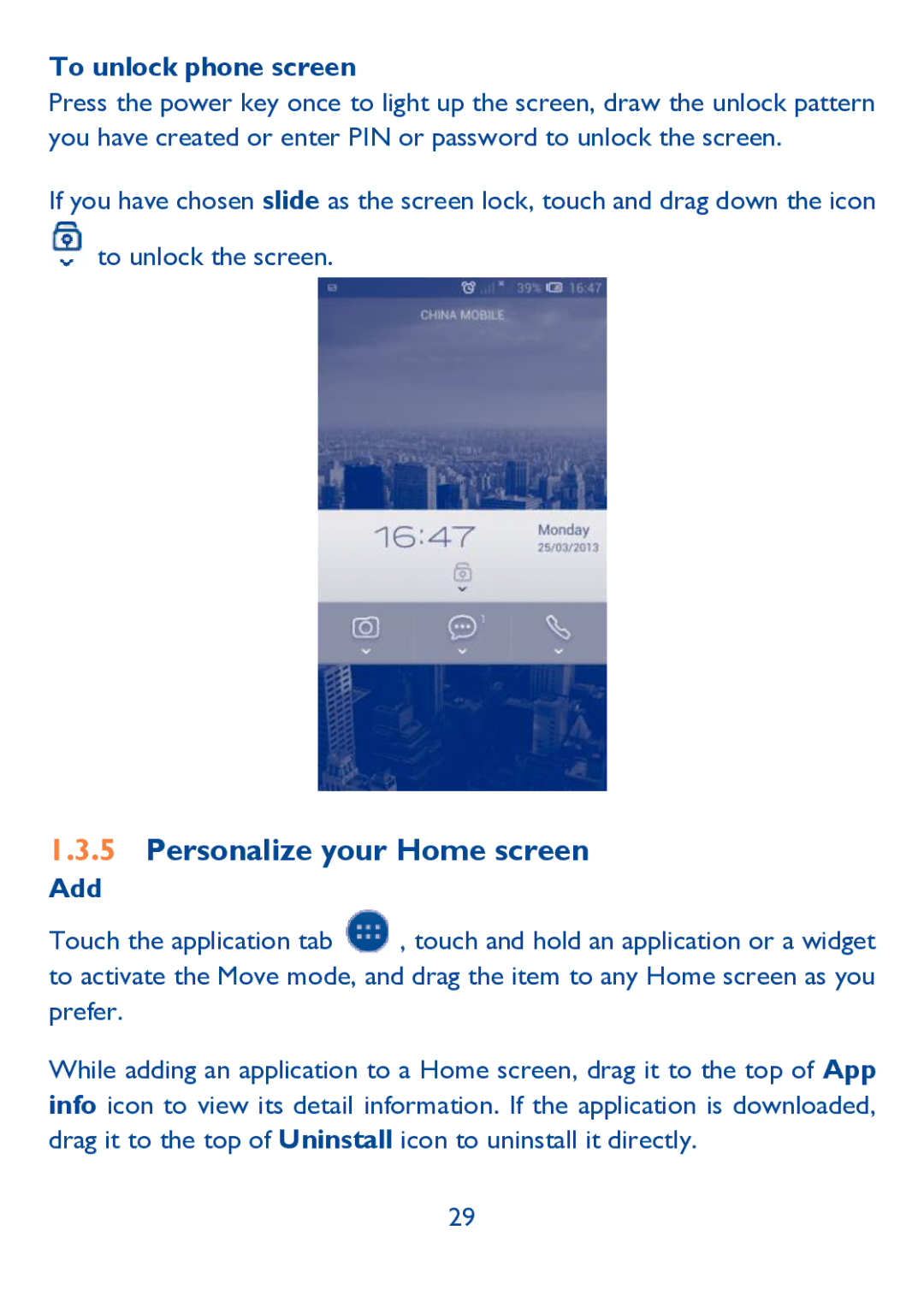 Alcatel IDOL ULTRA manual Personalize your Home screen, To unlock phone screen, Add 