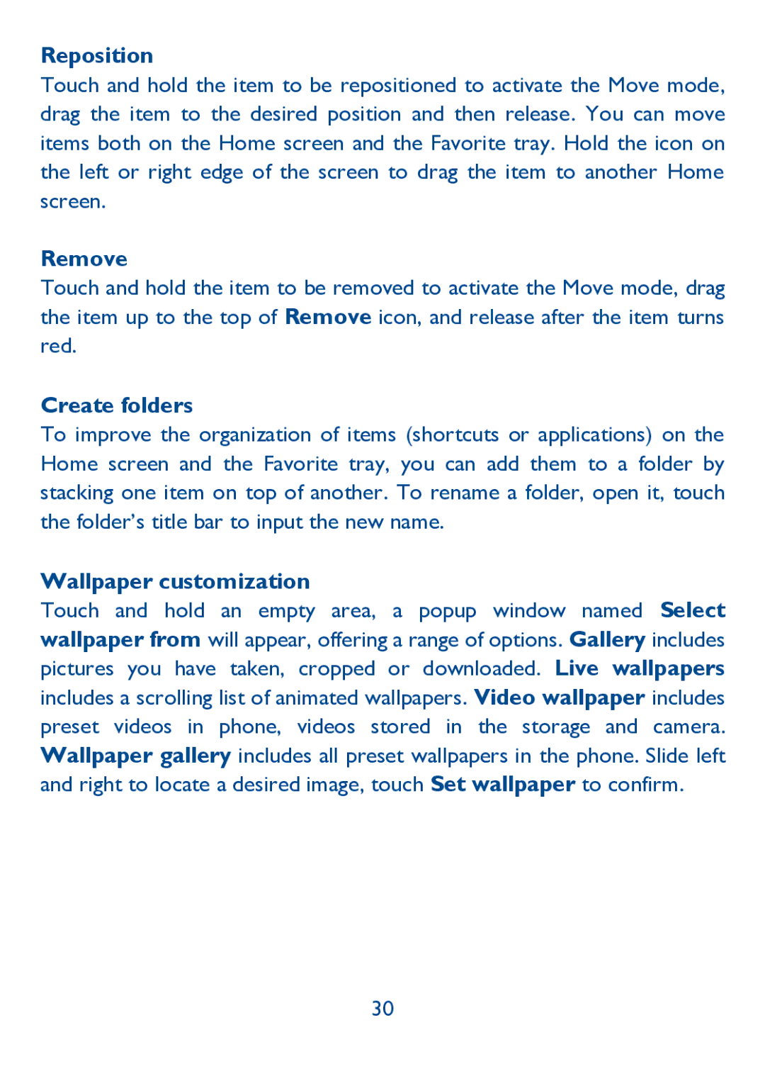 Alcatel IDOL ULTRA manual Reposition, Remove, Create folders, Wallpaper customization 