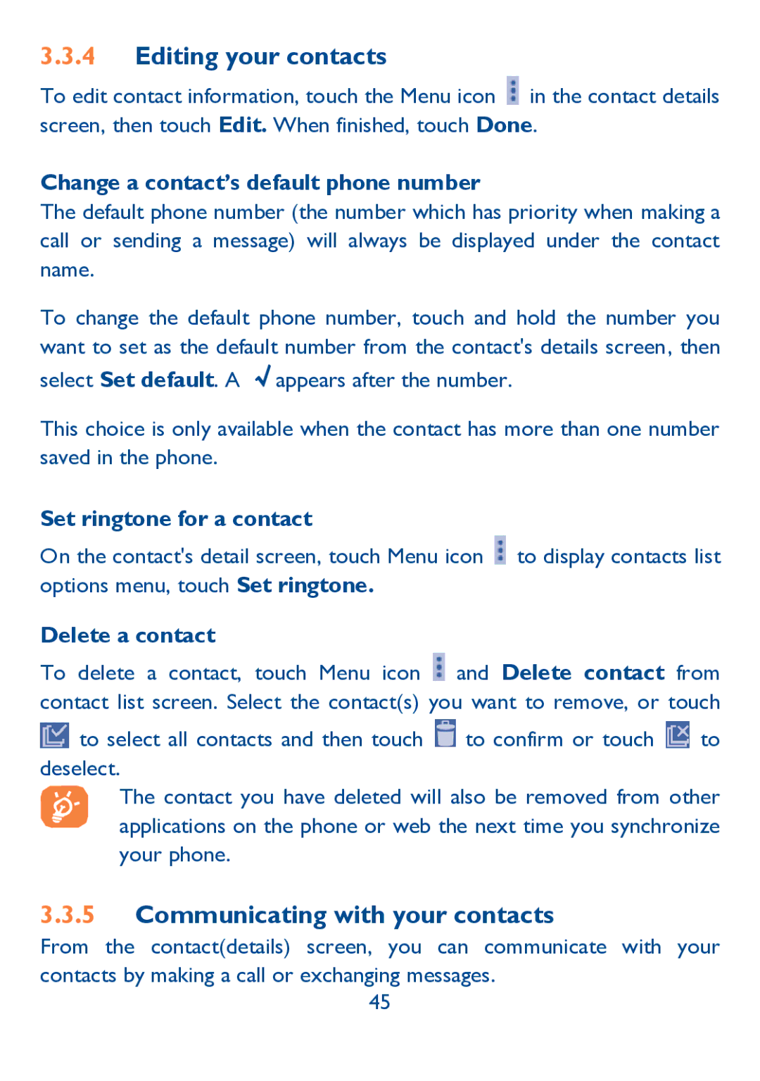 Alcatel IDOL ULTRA manual Editing your contacts, Communicating with your contacts, Change a contact’s default phone number 