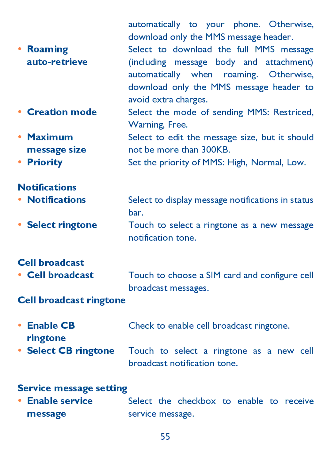 Alcatel IDOL ULTRA manual  Roaming, Auto-retrieve, Bar, Cell broadcast ringtone, Ringtone, Service message setting 