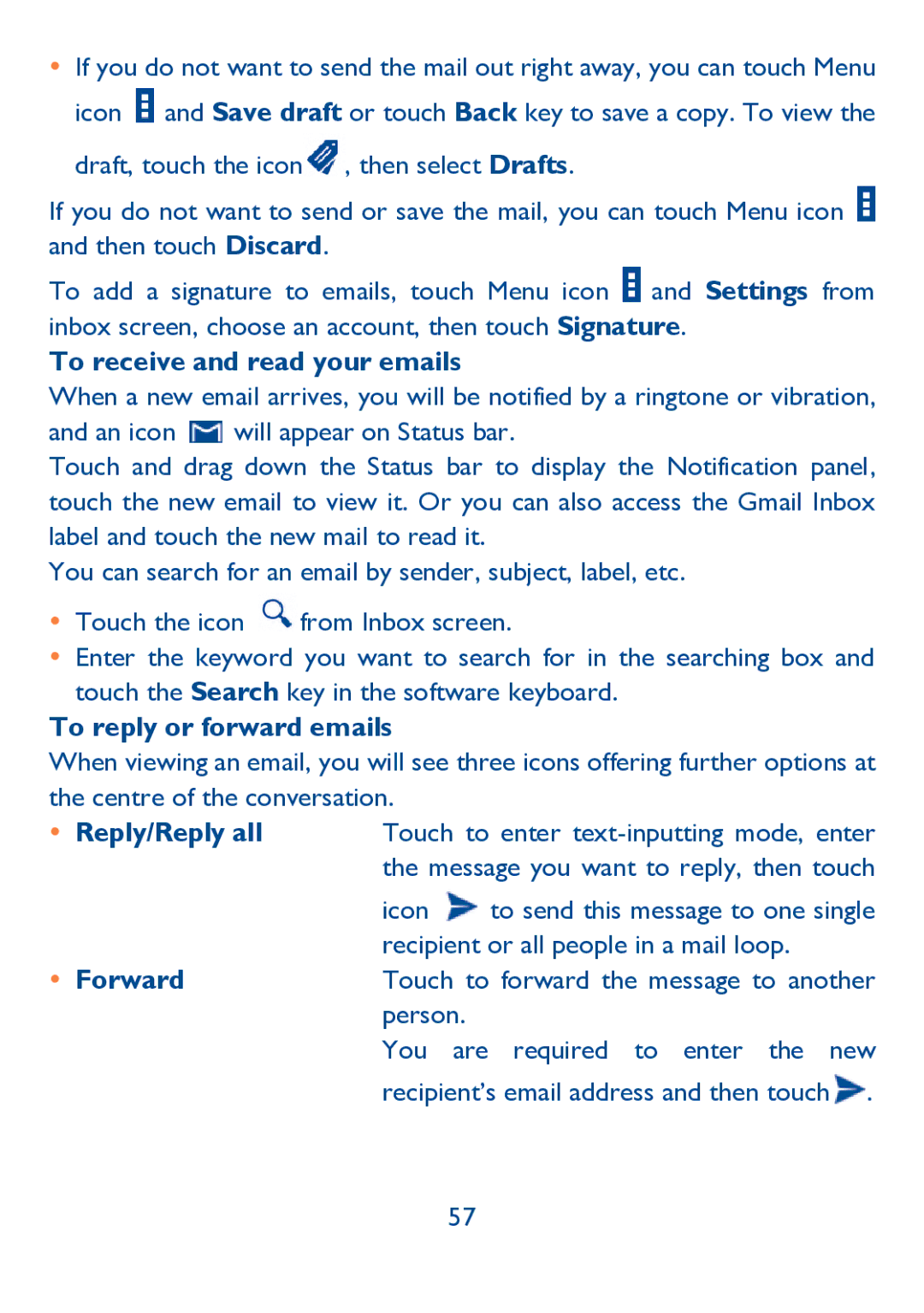Alcatel IDOL ULTRA manual To receive and read your emails, To reply or forward emails,  Forward 