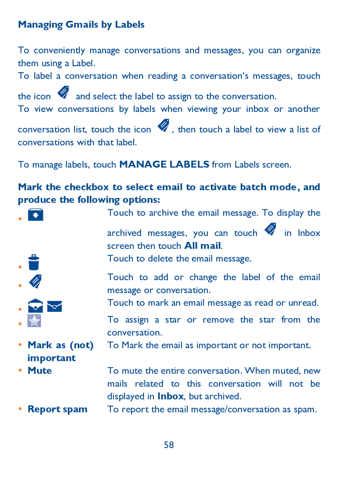 Alcatel IDOL ULTRA manual Managing Gmails by Labels,  Mute, Mails related to this conversation will not be 