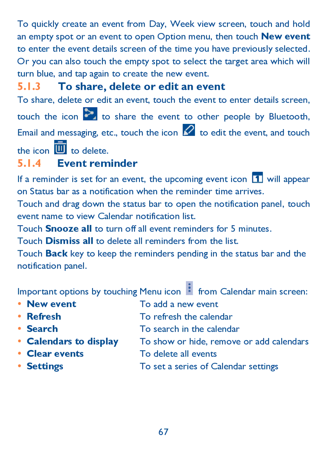 Alcatel IDOL ULTRA manual To share, delete or edit an event, Event reminder 