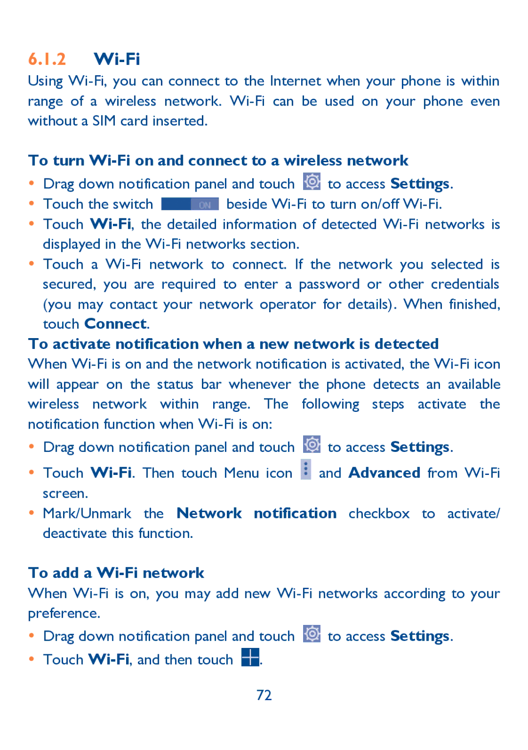 Alcatel IDOL ULTRA manual To turn Wi-Fi on and connect to a wireless network, To add a Wi-Fi network 
