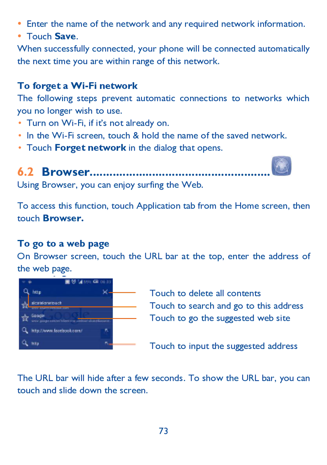 Alcatel IDOL ULTRA manual Browser, To forget a Wi-Fi network, To go to a web 