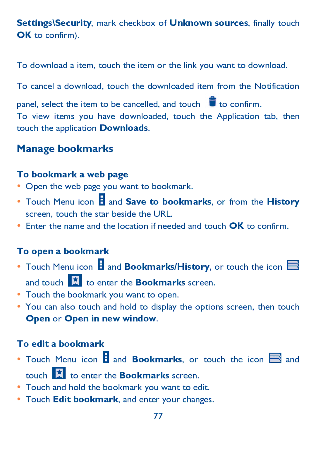 Alcatel IDOL ULTRA manual Manage bookmarks, To bookmark a web, To open a bookmark, To edit a bookmark 