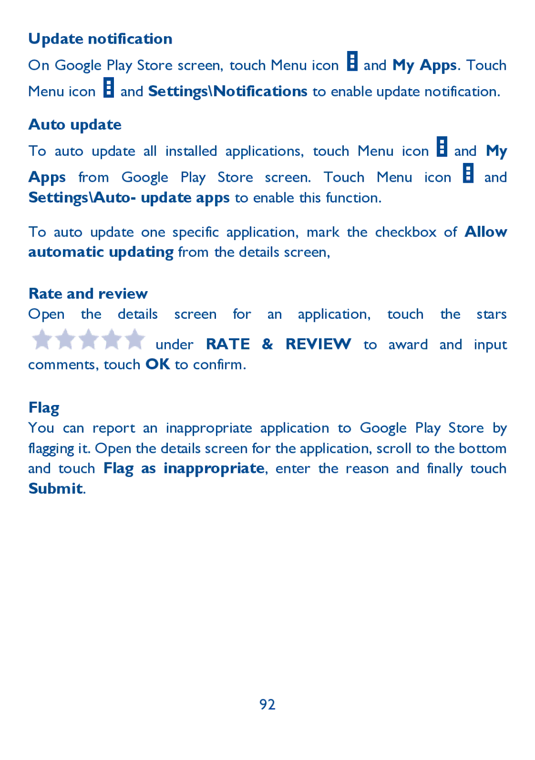 Alcatel IDOL ULTRA manual Update notification, Auto update, Rate and review, Flag 