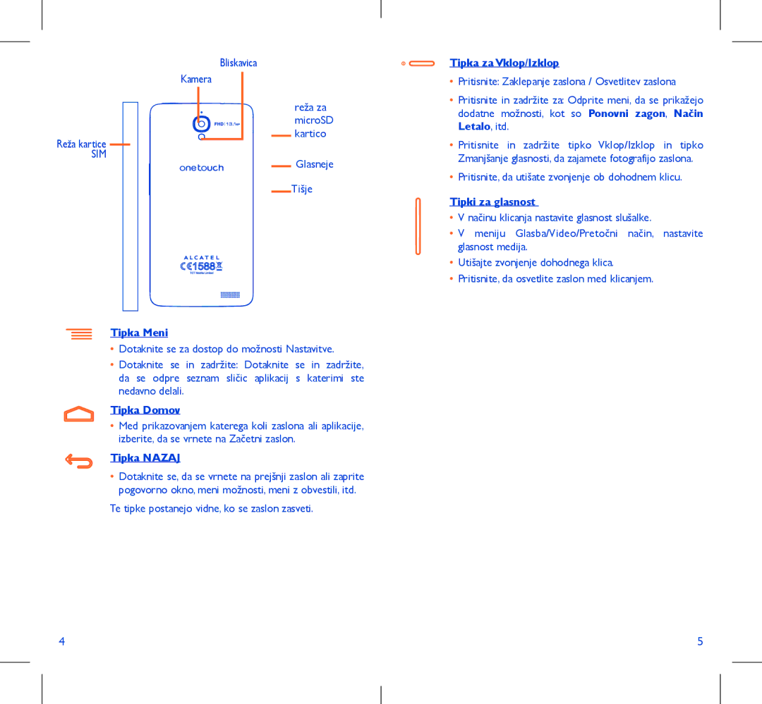 Alcatel IDOL X manual Tipka za Vklop/Izklop, Letalo, itd, Tipki za glasnost, Tipka Meni, Tipka Domov, Tipka Nazaj 