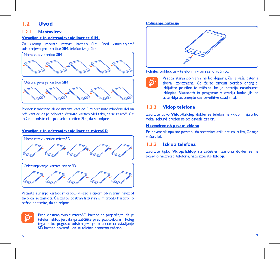 Alcatel IDOL X manual Uvod, Nastavitev, Vklop telefona, Izklop telefona 