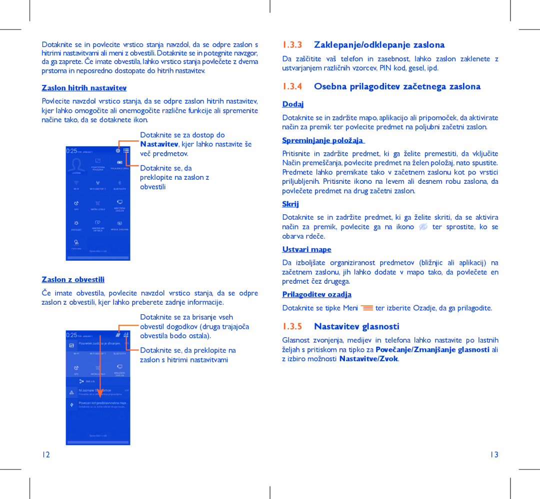 Alcatel IDOL X manual Zaklepanje/odklepanje zaslona, Osebna prilagoditev začetnega zaslona, Nastavitev glasnosti 