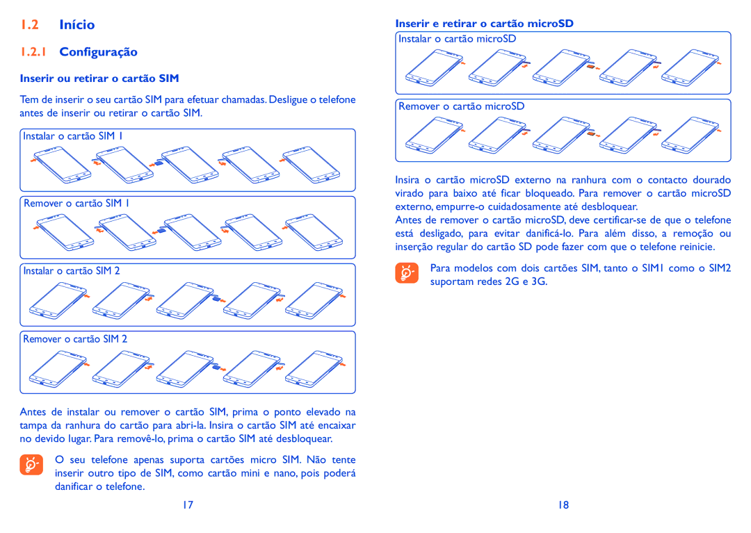 Alcatel IDOL X manual Início, Configuração, Inserir ou retirar o cartão SIM, Inserir e retirar o cartão microSD 