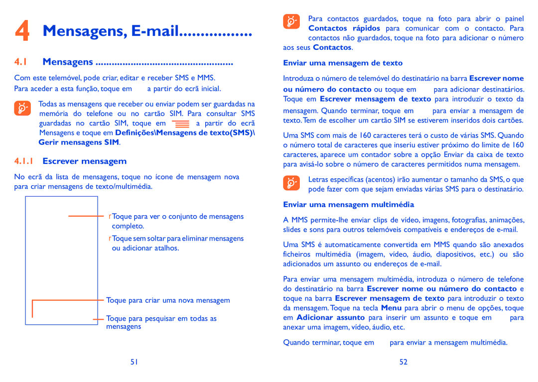 Alcatel IDOL X manual Mensagens, E-mail, Escrever mensagem, Enviar uma mensagem de texto, Enviar uma mensagem multimédia 