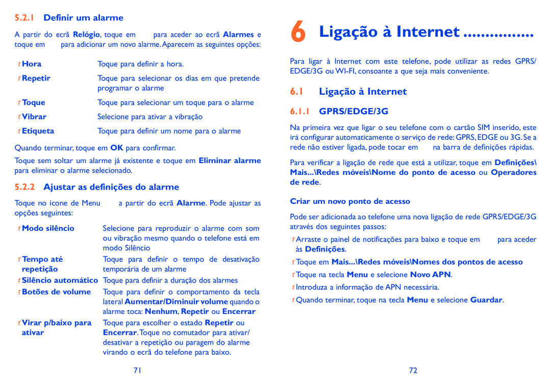 Alcatel IDOL X manual Ligação à Internet, Definir um alarme, Ajustar as definições do alarme, GPRS/EDGE/3G 