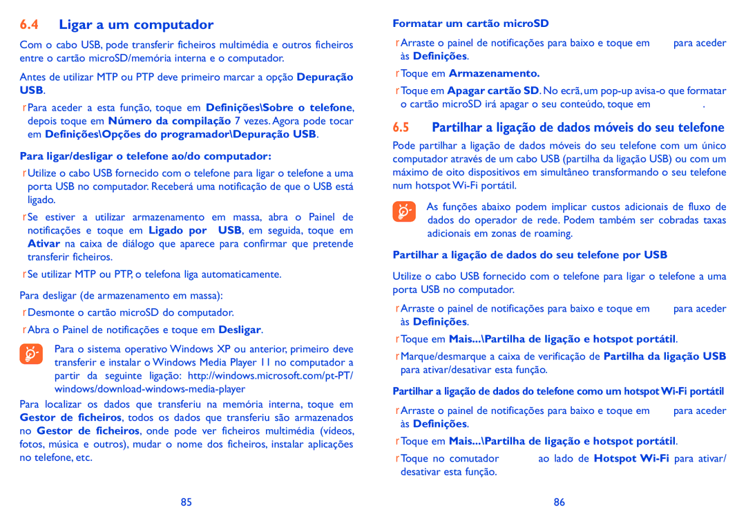 Alcatel IDOL X manual Ligar a um computador, Partilhar a ligação de dados móveis do seu telefone 