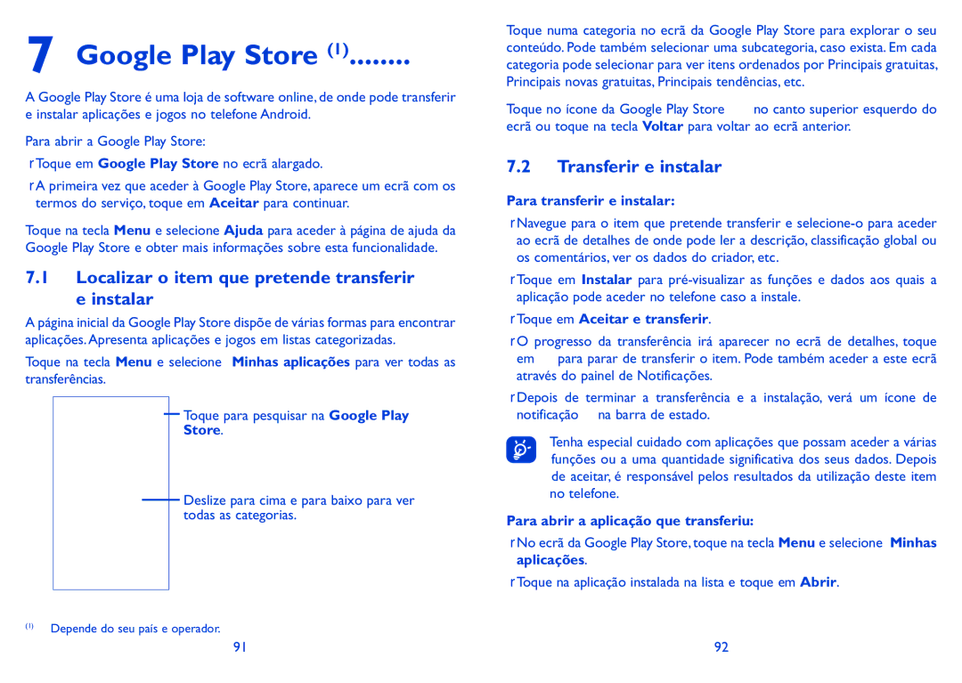 Alcatel IDOL X manual Google Play Store, Localizar o item que pretende transferir e instalar, Transferir e instalar 
