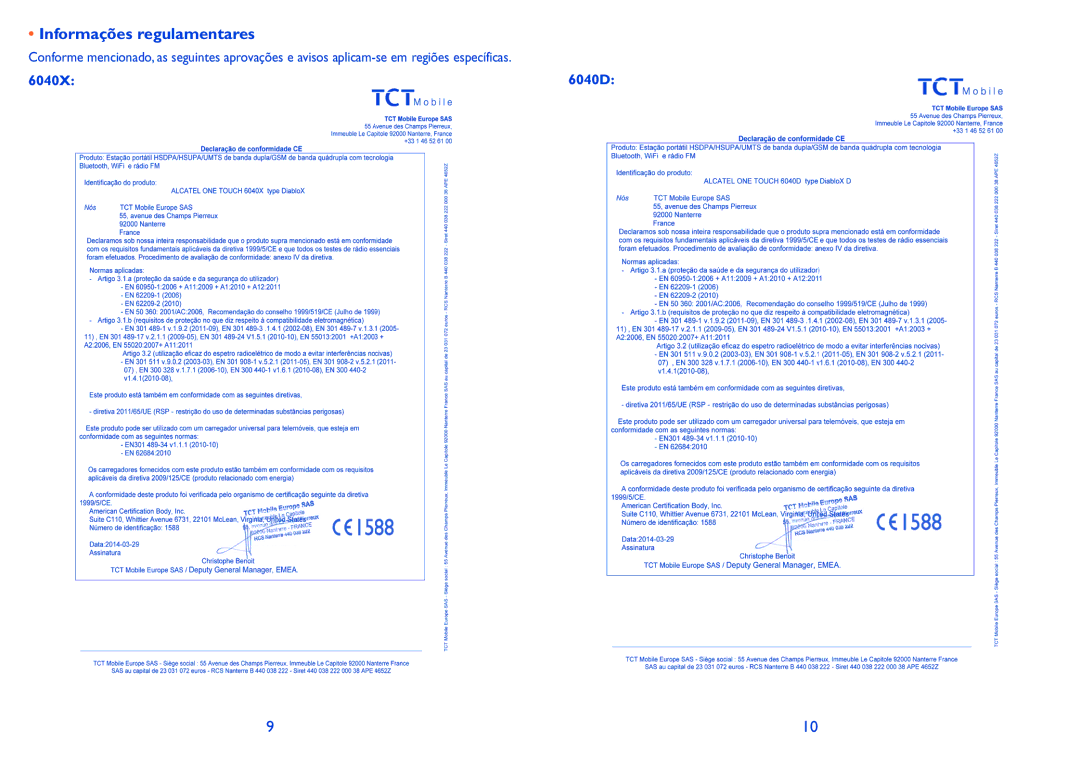 Alcatel IDOL X manual Informações regulamentares 
