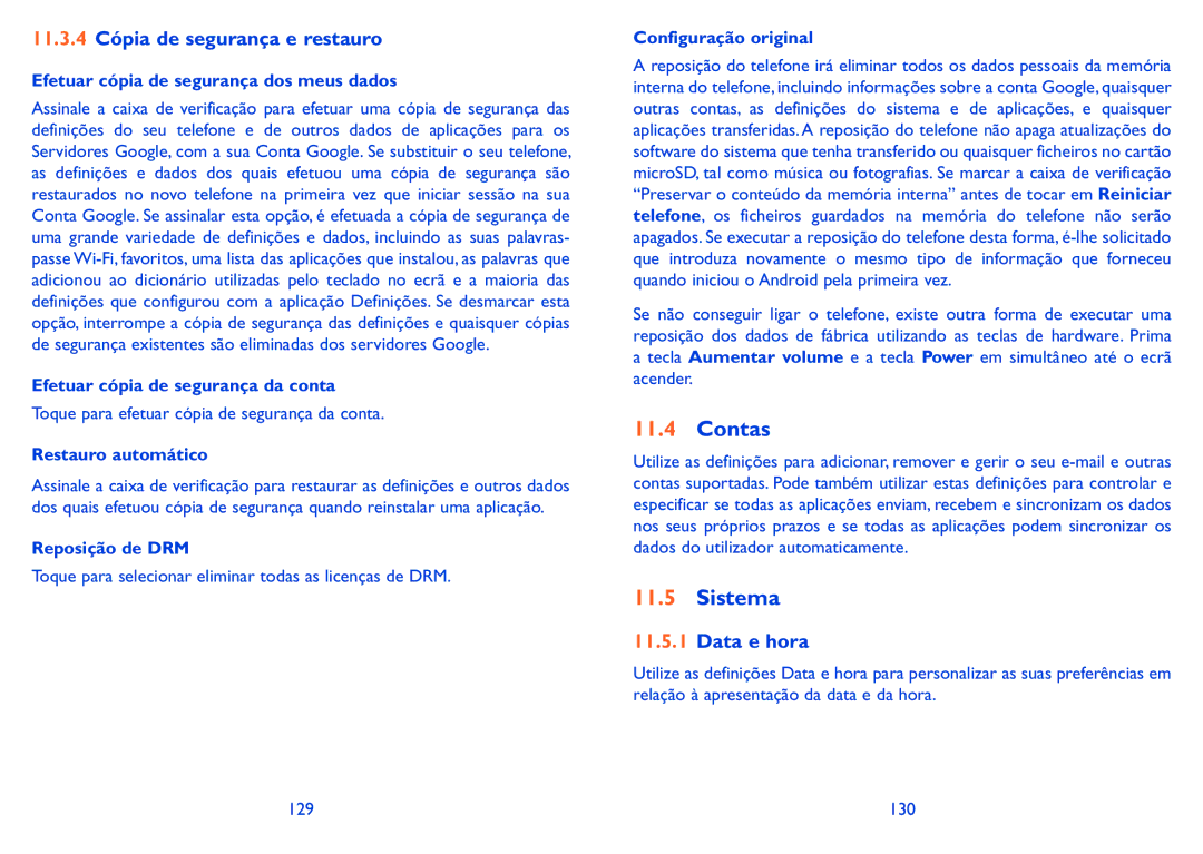 Alcatel IDOL X manual Contas, Sistema, 11.3.4 Cópia de segurança e restauro, Data e hora 