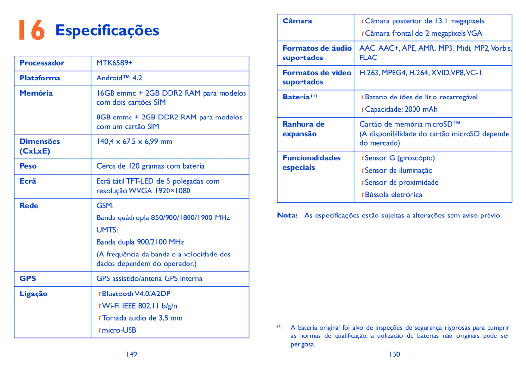 Alcatel IDOL X manual Especificações 