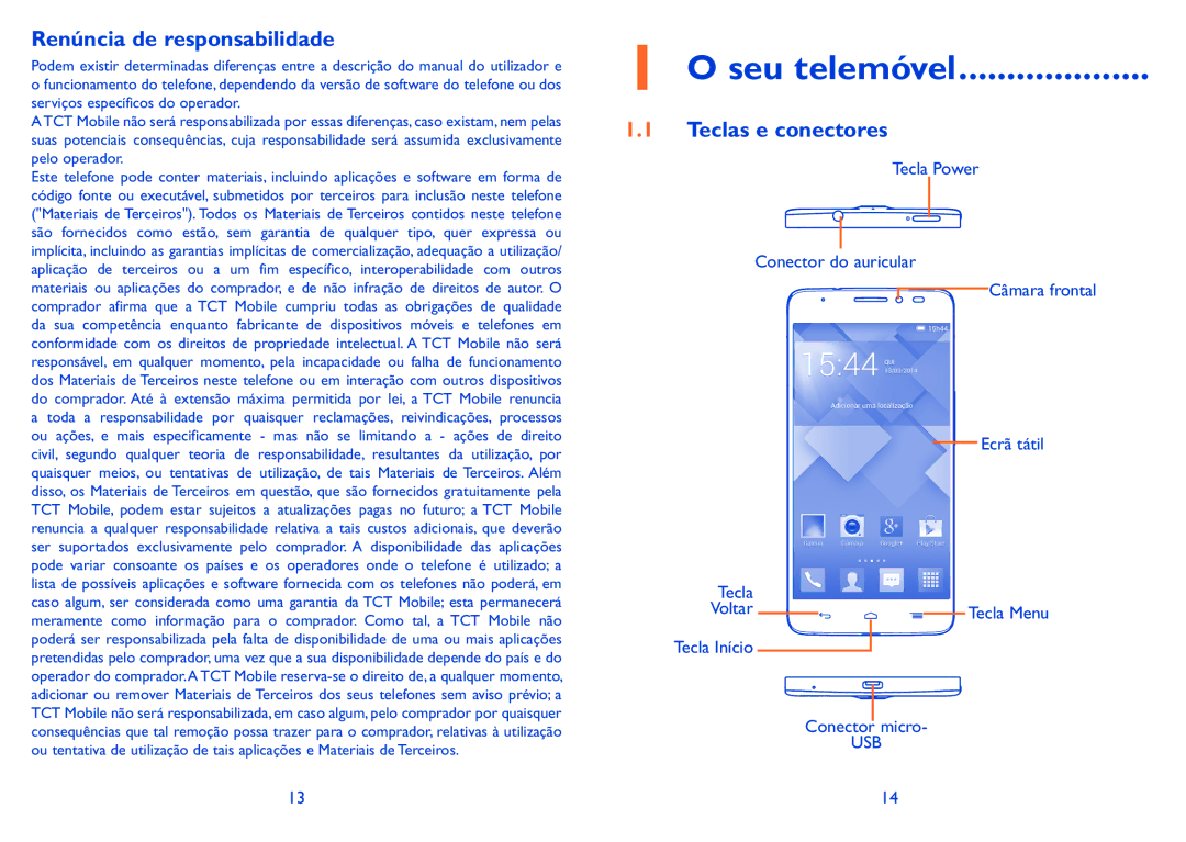 Alcatel IDOL X manual Seu telemóvel, Renúncia de responsabilidade, Teclas e conectores 