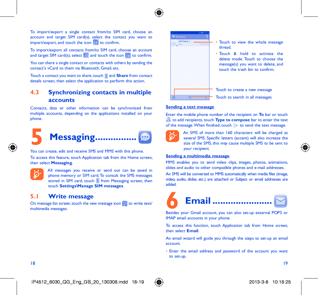 Alcatel IDOL manual Messaging, Synchronizing contacts in multiple Accounts, Write message, Sending a text message 