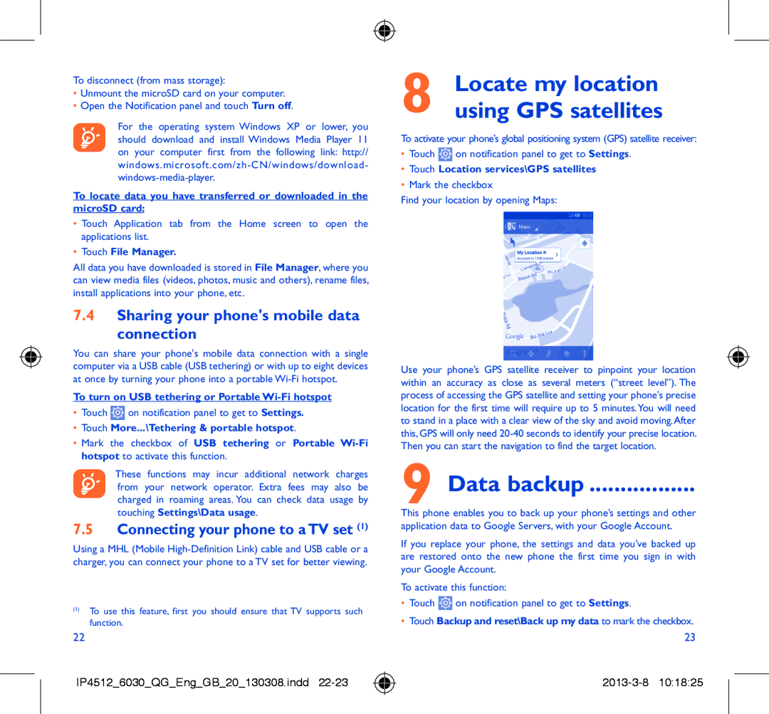 Alcatel IDOL manual Data backup, Sharing your phones mobile data Connection, Touch File Manager 