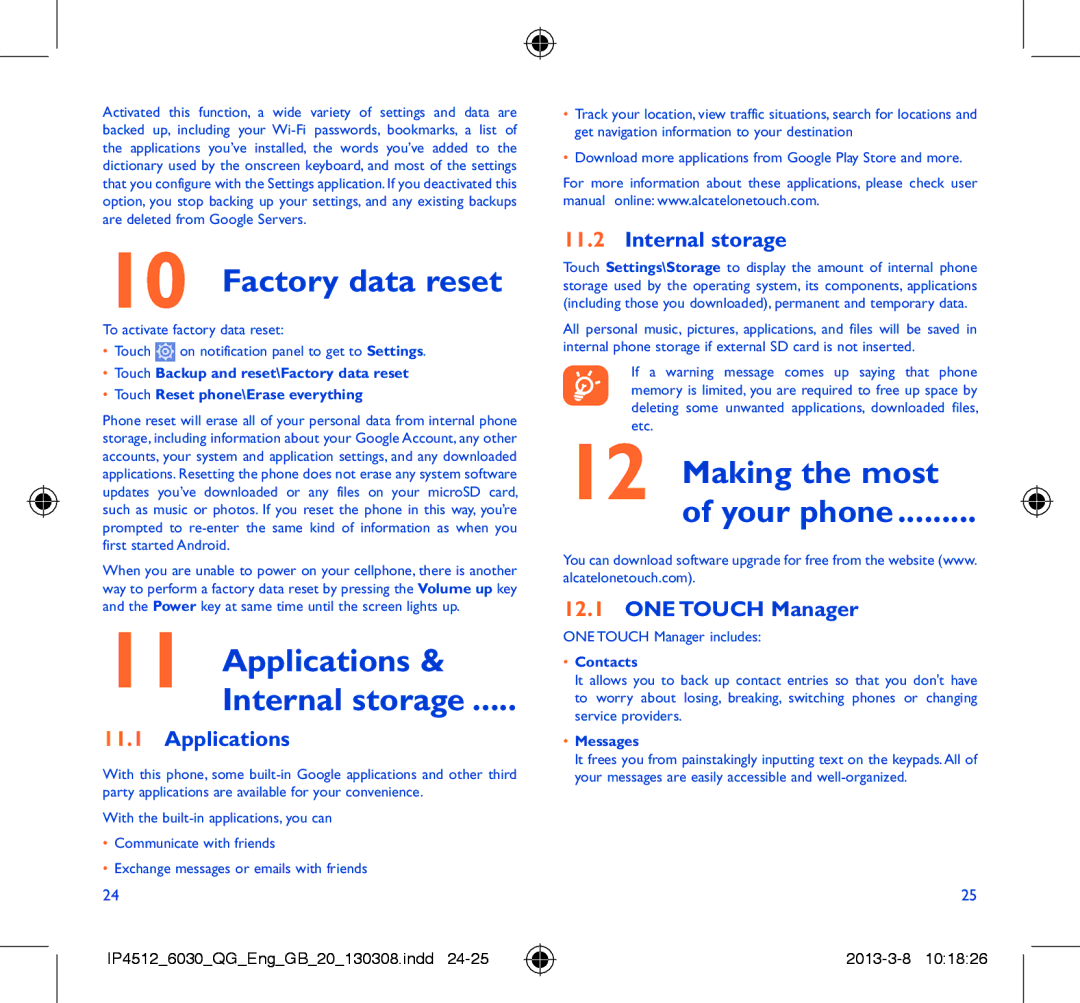 Alcatel IDOL manual Factory data reset, Applications Internal storage, Making the most Your phone 
