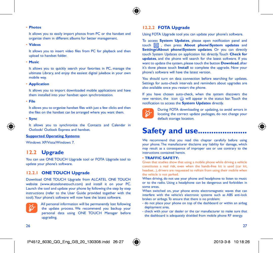 Alcatel IDOL manual Safety and use, ONE Touch Upgrade, Fota Upgrade, Traffic Safety 