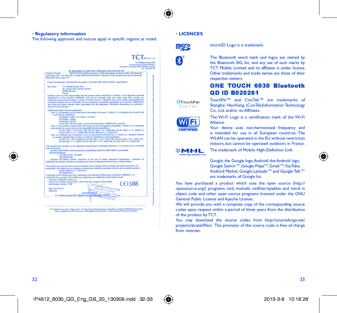 Alcatel IDOL manual ONE Touch 6030 Bluetooth QD ID B020261, Regulatory information, Licences 