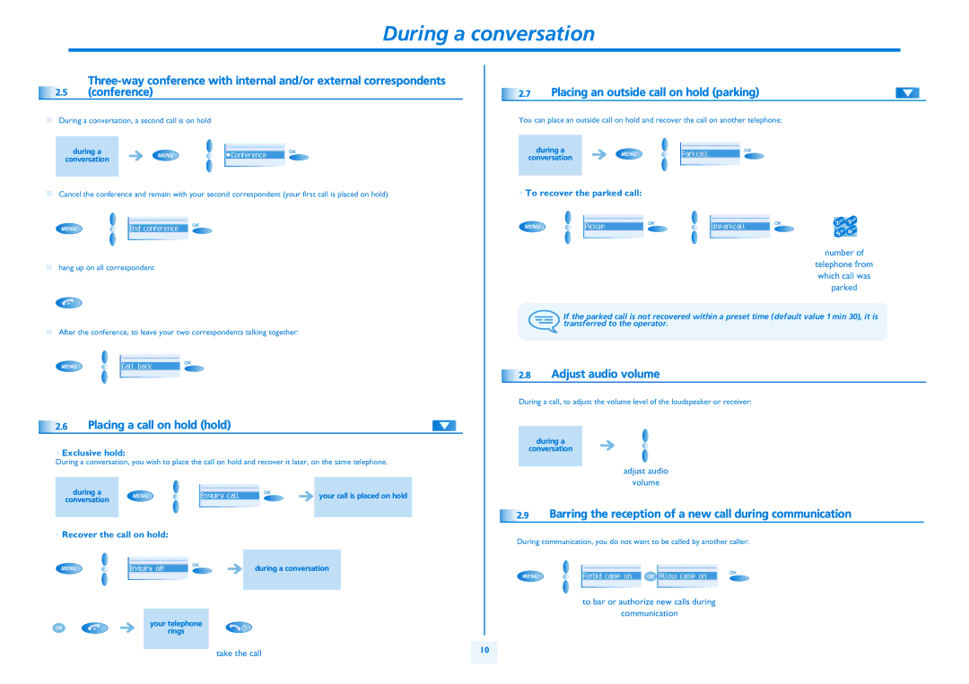 Alcatel IPTOUCH 300 manual During a conversation, Conference, Barring the reception of a new call during communication 