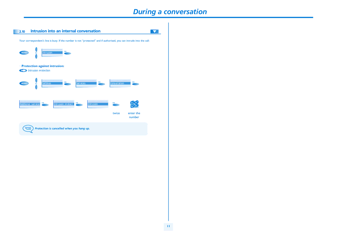 Alcatel IPTOUCH 300 manual Intrusion into an internal conversation, Protection against intrusion, Twice, Enter Number 