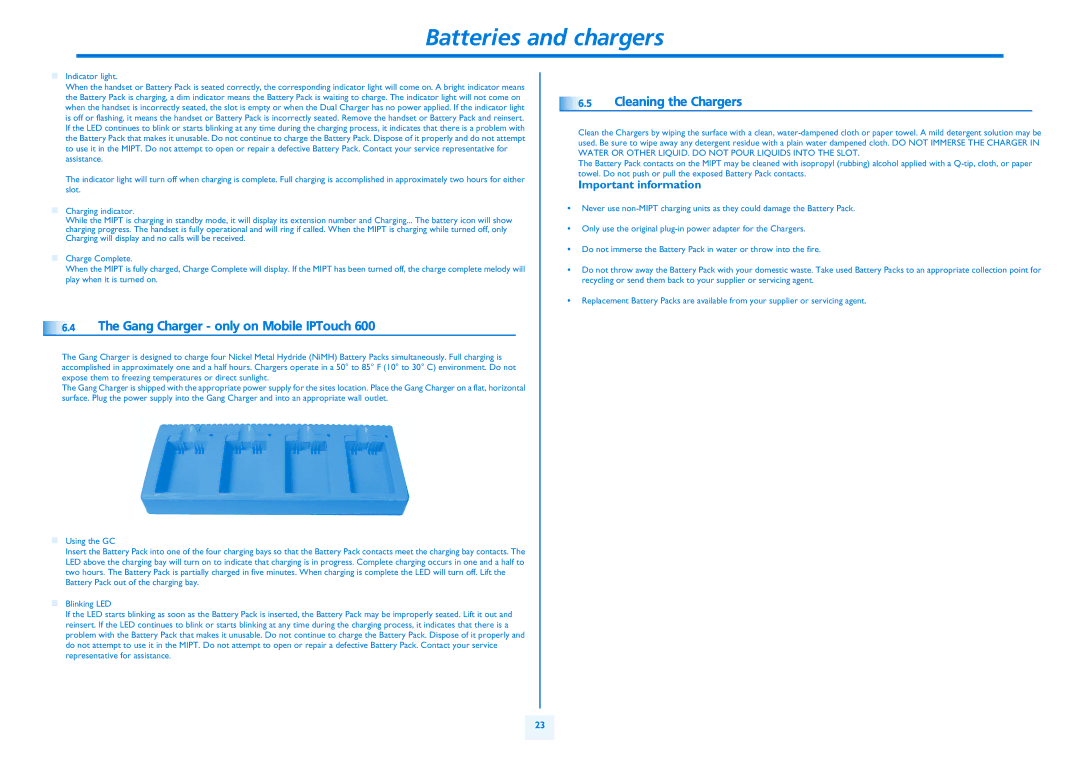 Alcatel IPTOUCH 300 manual Batteries and chargers, Gang Charger only on Mobile IPTouch, Cleaning the Chargers 