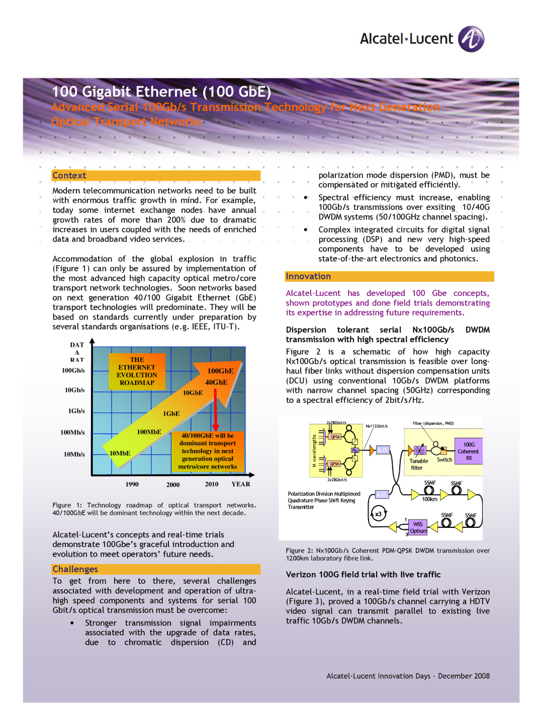 Alcatel-Lucent 100 GbE manual Context, Innovation, Challenges 