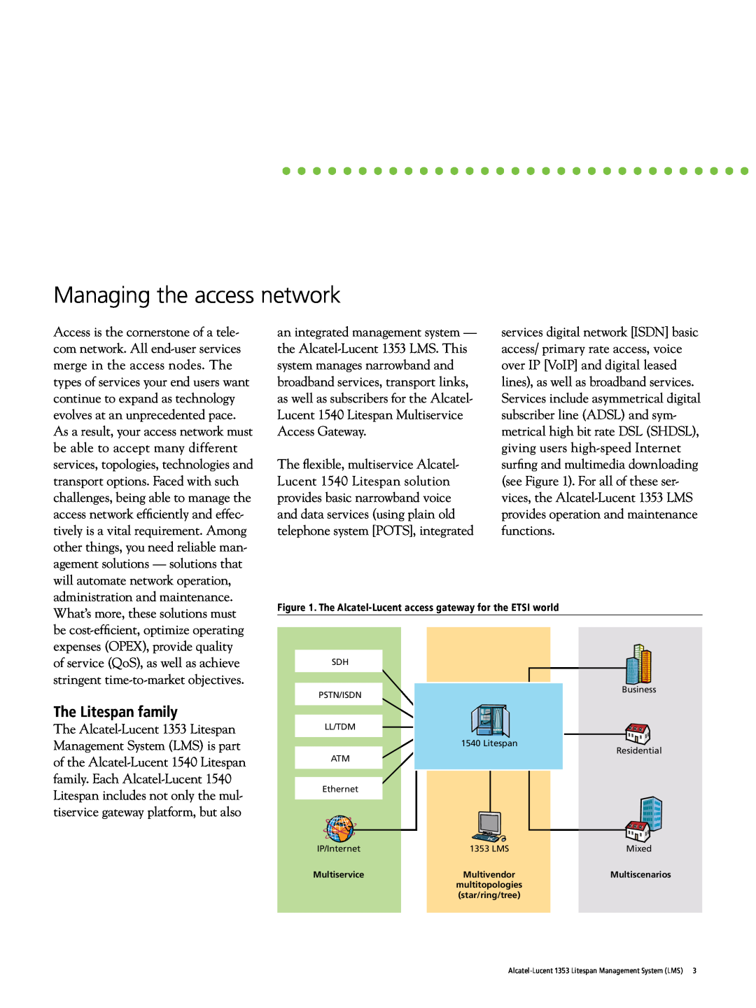 Alcatel-Lucent 1353 manual Managing the access network, The Litespan family 