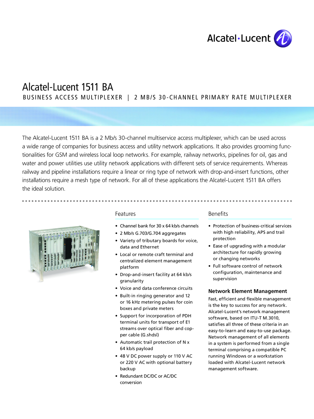 Alcatel-Lucent 1511 BA manual Benefits, Network Element Management 