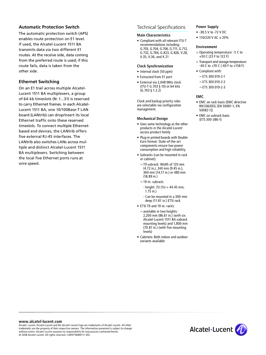 Alcatel-Lucent 1511 BA manual Technical Specifications, Automatic Protection Switch, Ethernet Switching 