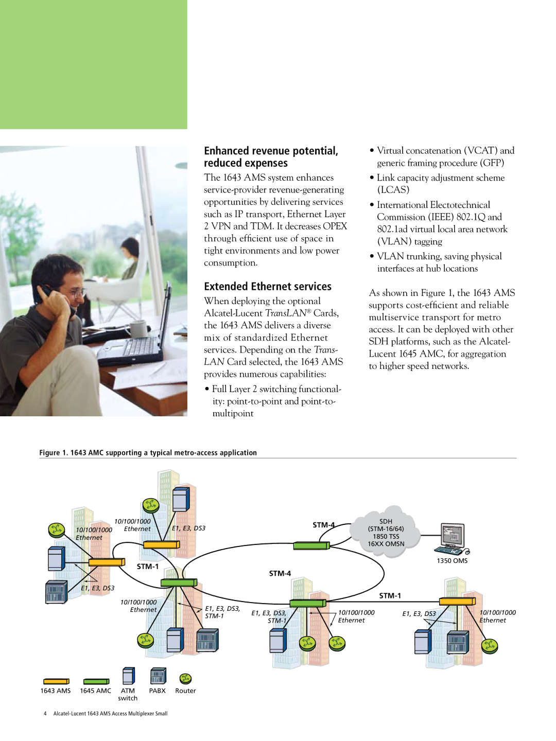 Alcatel-Lucent 1643 AMS manual Extended Ethernet services, Enhanced revenue potential, reduced expenses 