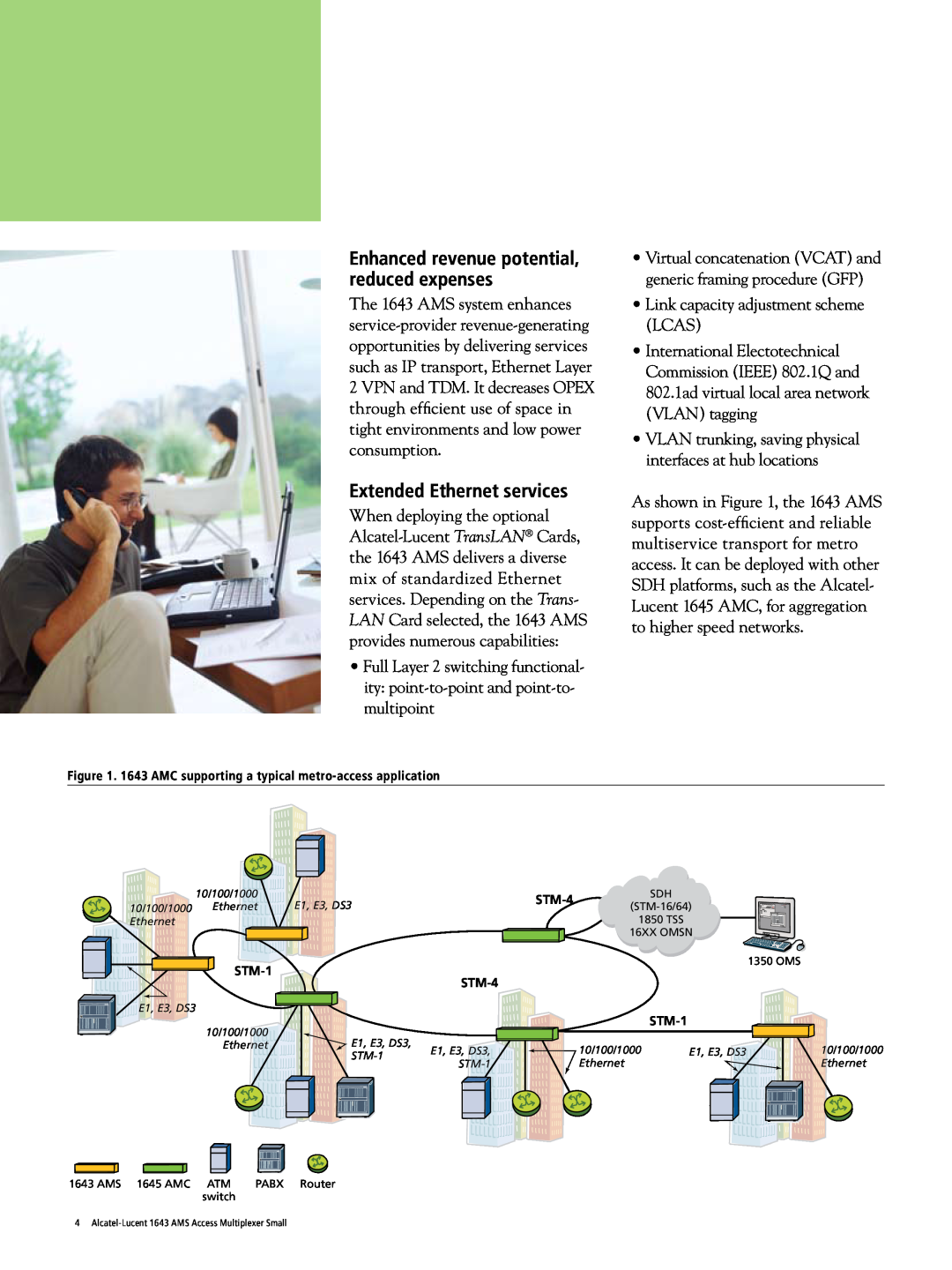 Alcatel-Lucent 1643 AMS manual Extended Ethernet services, Enhanced revenue potential, reduced expenses 