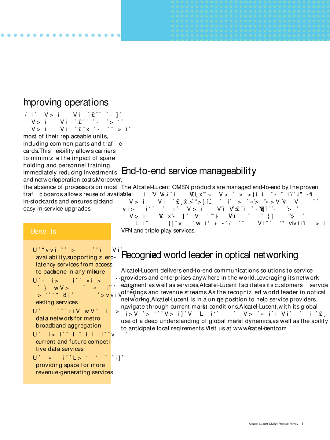 Alcatel-Lucent 1660 Improving operations, End-to-end service manageability, Recognized world leader in optical networking 