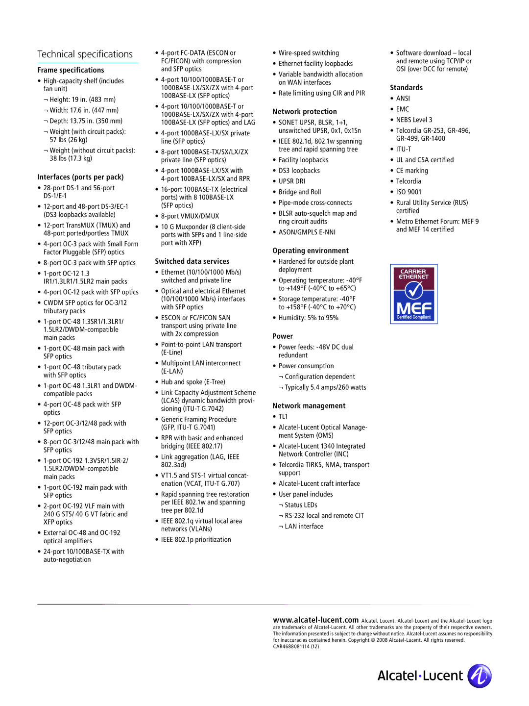 Alcatel-Lucent 1665 DMX manual Technical specifications 