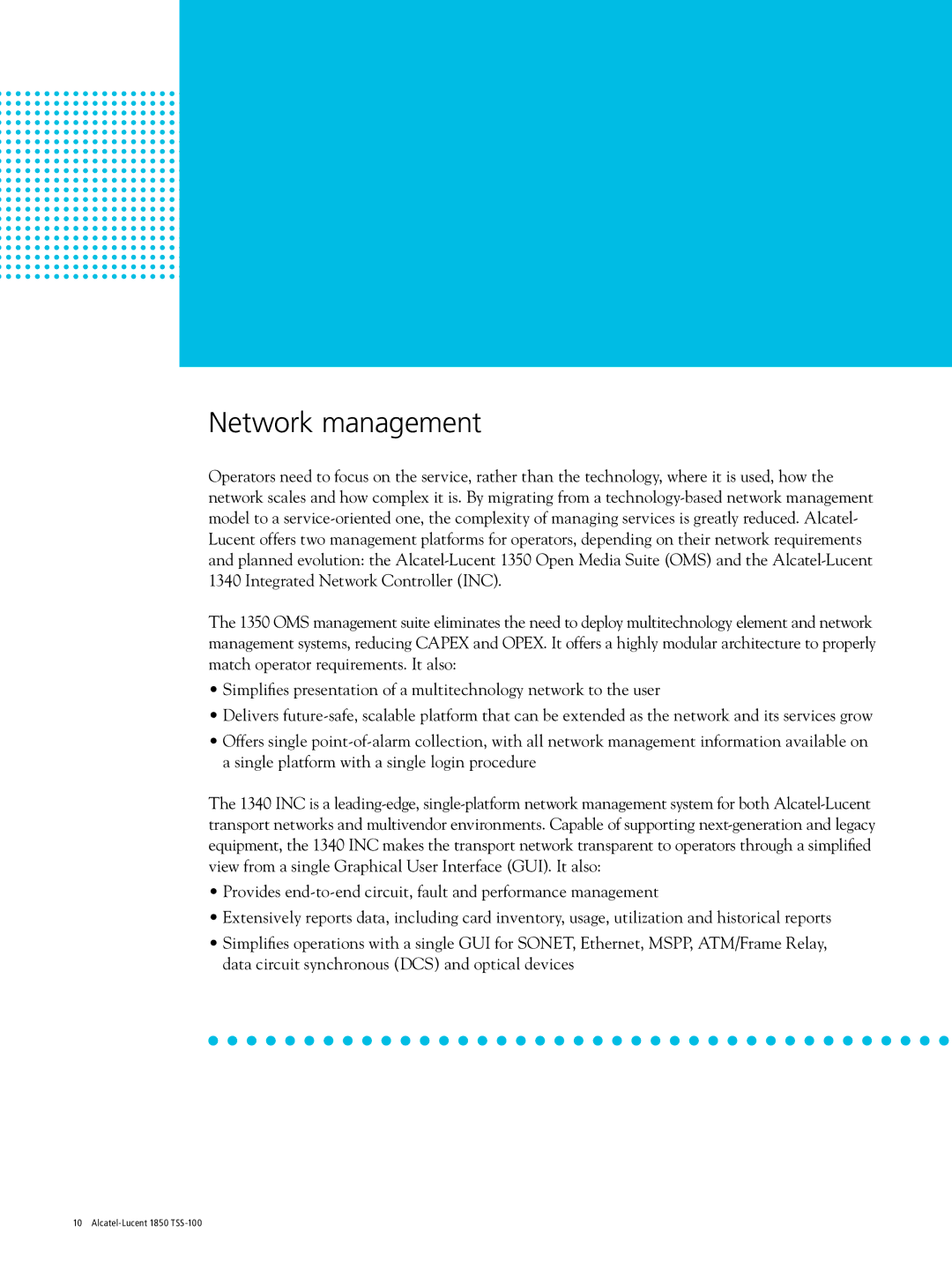 Alcatel-Lucent 1850 TSS-100 manual Network management 