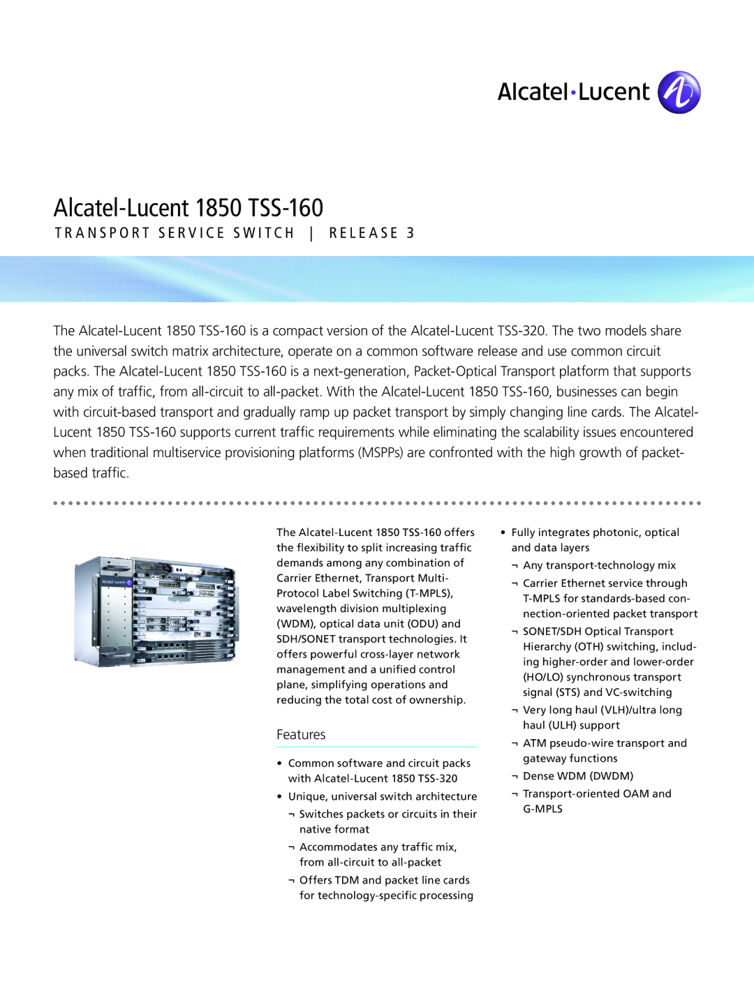 Alcatel-Lucent manual Alcatel-Lucent 1850 TSS-160, Features 