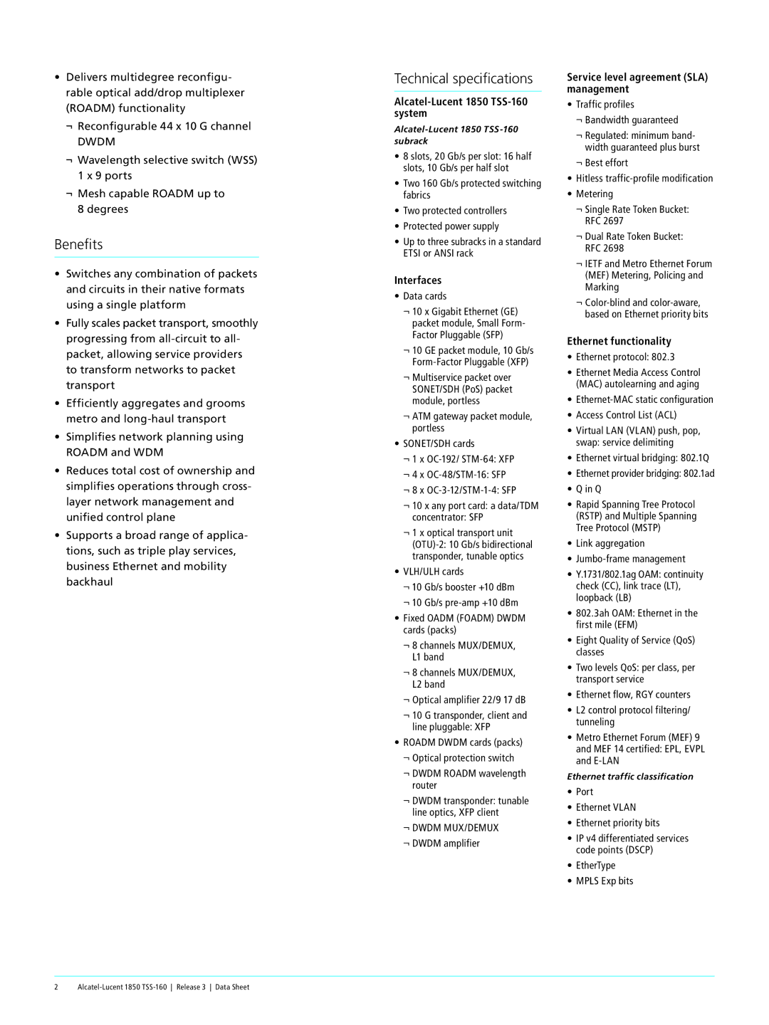 Alcatel-Lucent 1850 TSS-160 manual Benefits, Technical specifications 