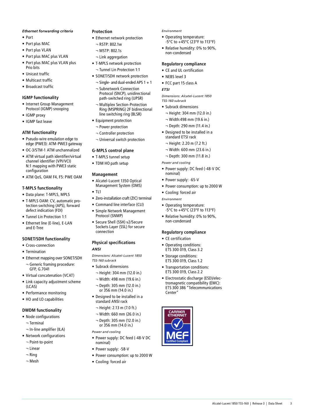 Alcatel-Lucent 1850 TSS-160 Igmp functionality, ATM functionality, Mpls functionality, SONET/SDH functionality, Protection 