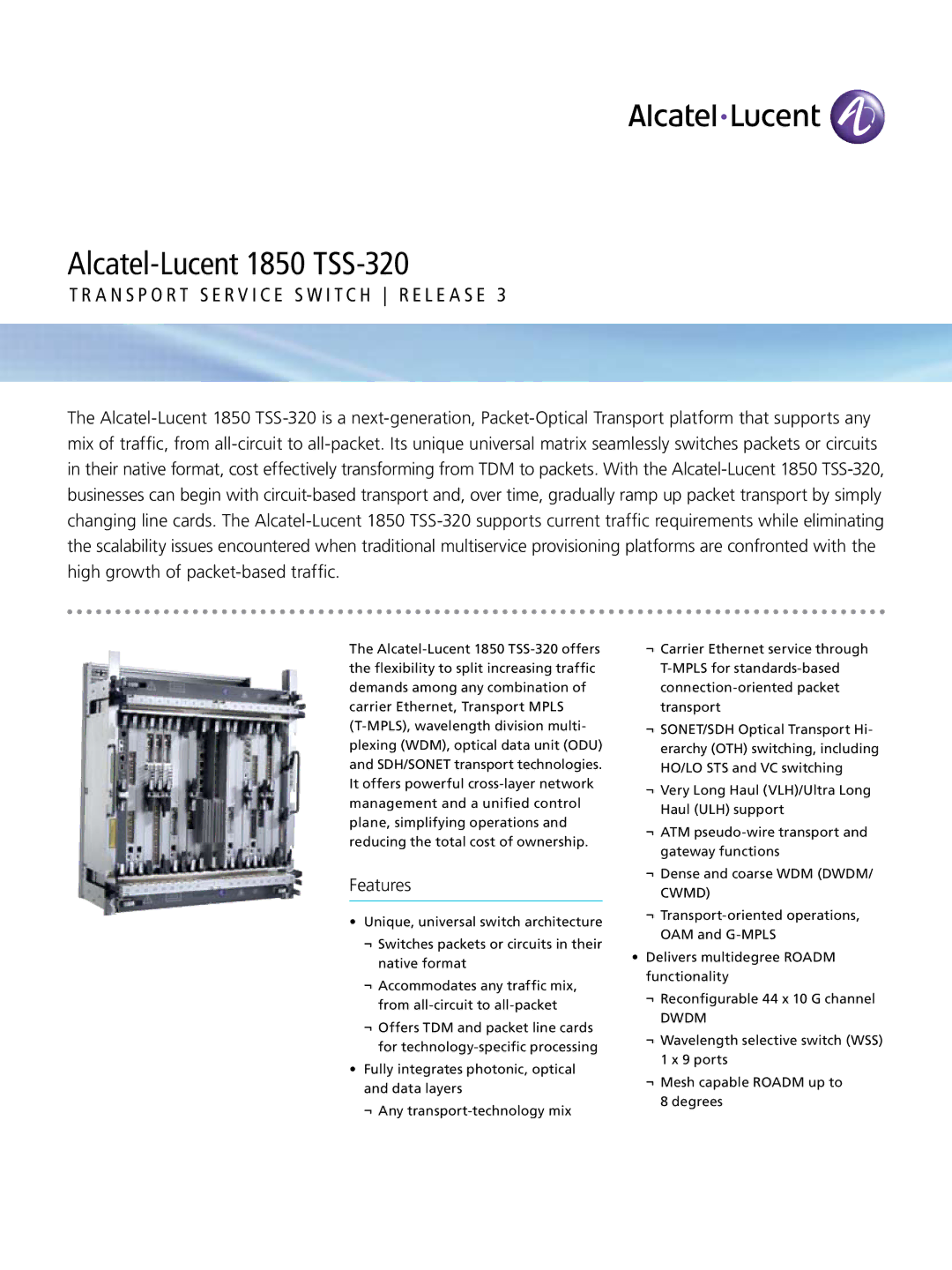 Alcatel-Lucent manual Alcatel-Lucent 1850 TSS-320, Features 