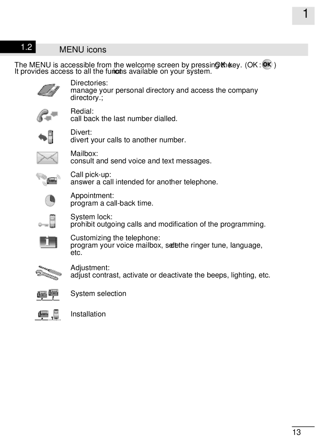 Alcatel-Lucent 400, 300 manual Menu icons 